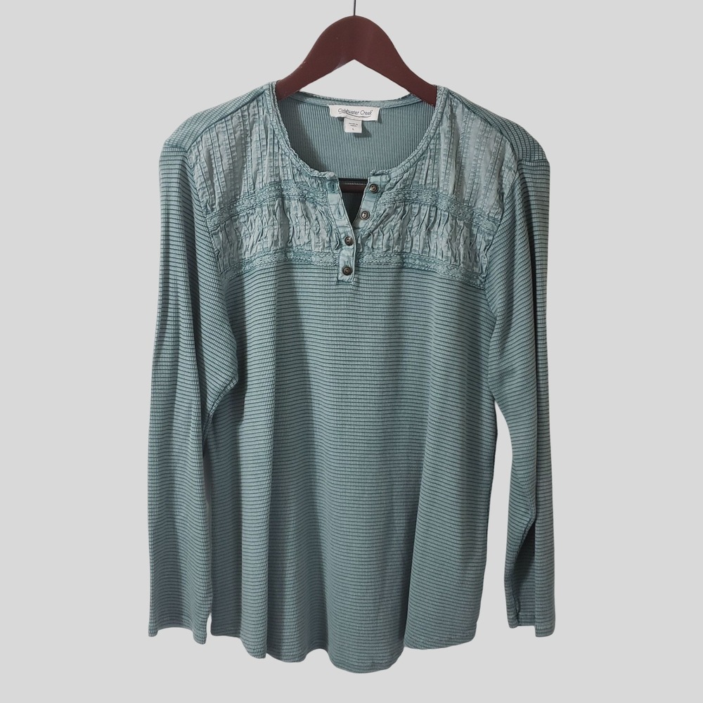 Coldwater Creek Womens Textured Knit Henley Top Long Sleeve Teal Green Large